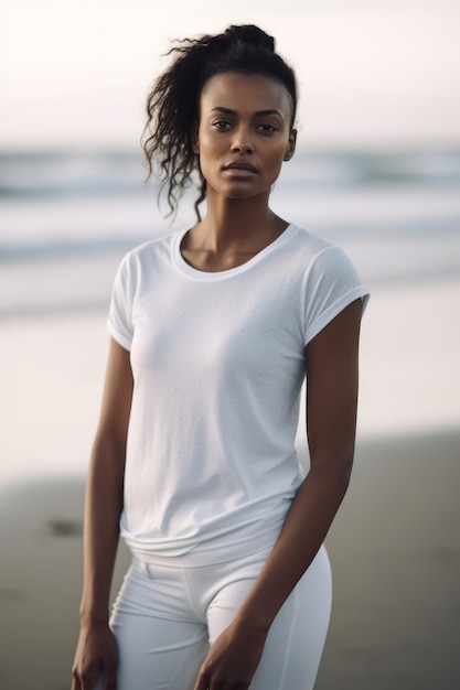 Une femme portant un t-shirt blanc se tient sur une plage