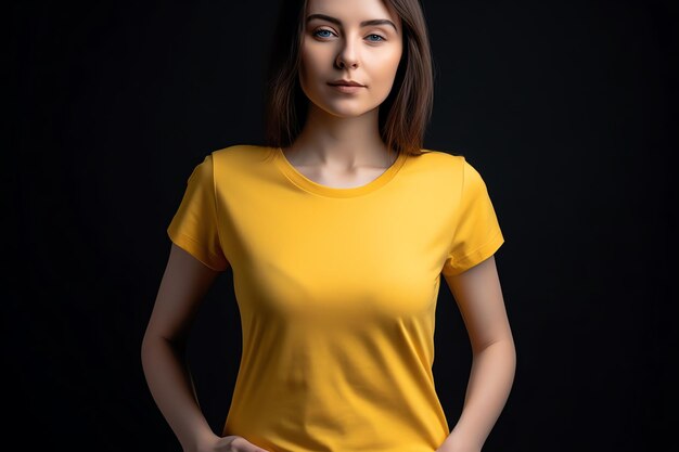 Femme portant un t-shirt jaune aux yeux bleus