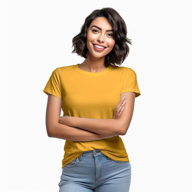 Une femme portant un t-shirt jaune avec le mot amour dessus