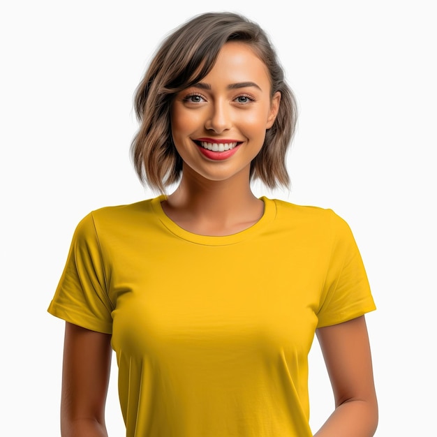 Une femme portant un t-shirt jaune qui dit "t-shirt" dessus