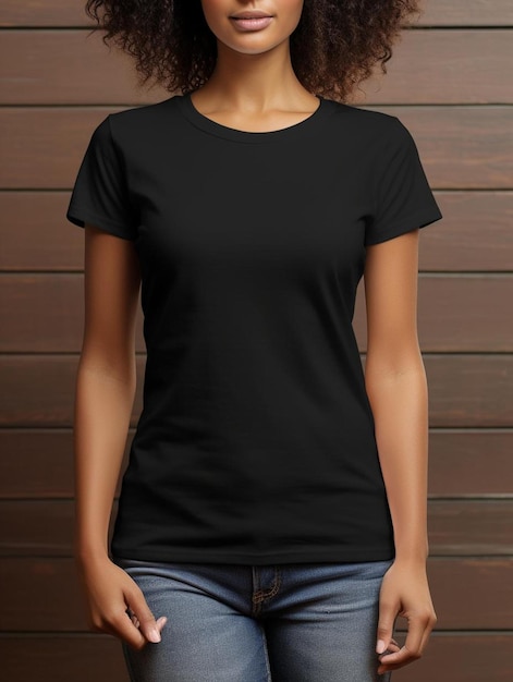 Photo une femme portant un t-shirt noir avec un col blanc.