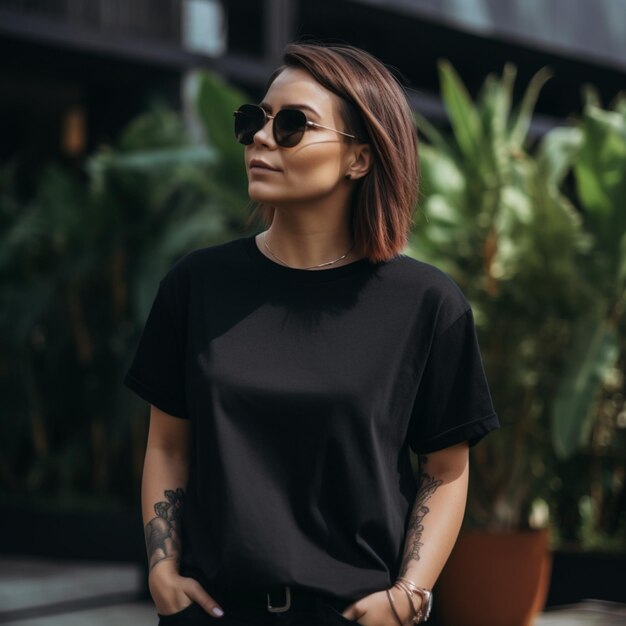 Une femme portant un t-shirt noir et des lunettes de soleil se tient devant un bâtiment