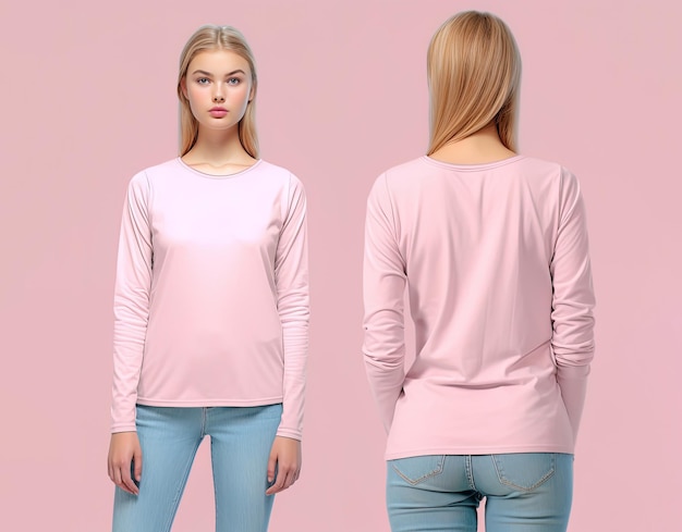 Femme portant un T-shirt rose à manches longues vue avant et arrière