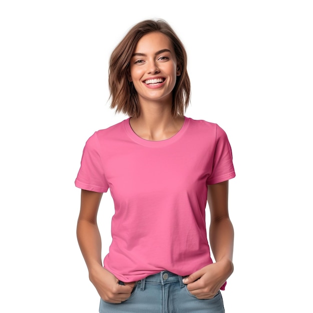 Une femme portant un t-shirt rose avec le mot amour dessus.