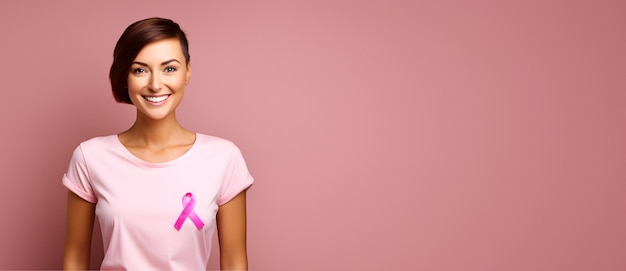 femme portant un t-shirt rose avec un ruban rose pour la sensibilisation au cancer du sein fond rose isolé