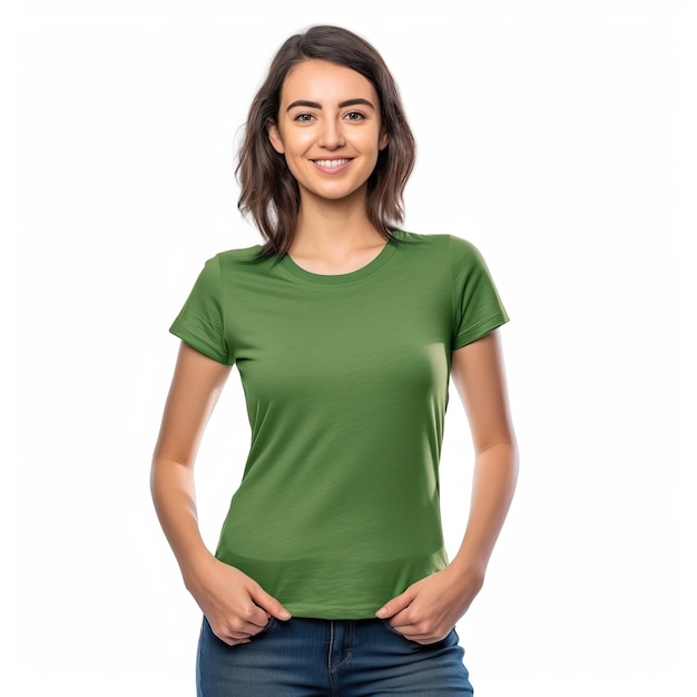 Une femme portant un t-shirt vert avec le mot amour dessus