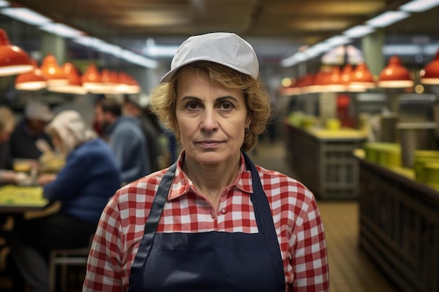 une femme portant un tablier avec un chapeau blanc dessus