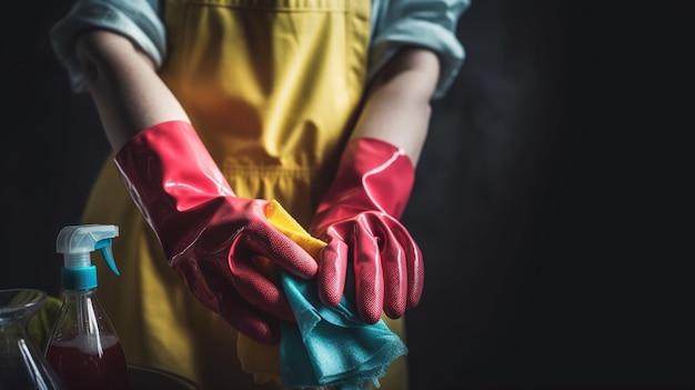 Une femme portant un tablier jaune et des gants rouges nettoie un chiffon.