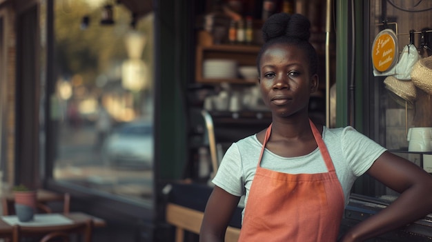 une femme portant un tablier se tient devant un magasin