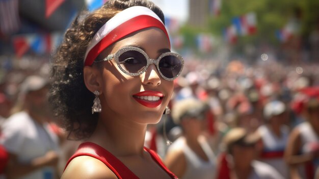 Une femme portant une tenue rouge et blanche avec des lunettes de soleil rouges sur la tête