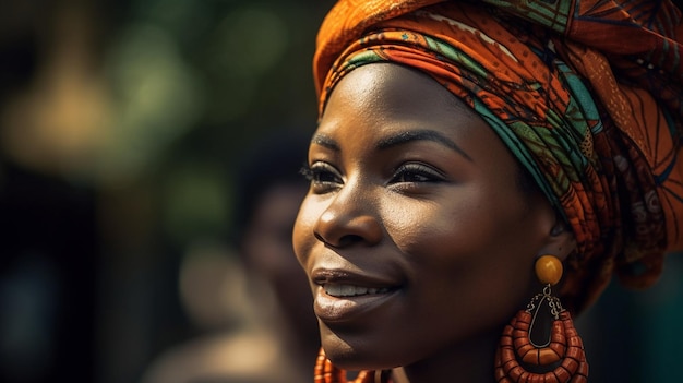 Une femme portant un turban orange vif sourit à la caméra.