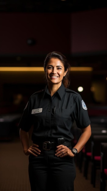 une femme portant un uniforme de police avec un badge sur son bras gauche