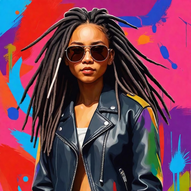 une femme portant une veste en cuir avec des dreadlocks et des lunettes de soleil