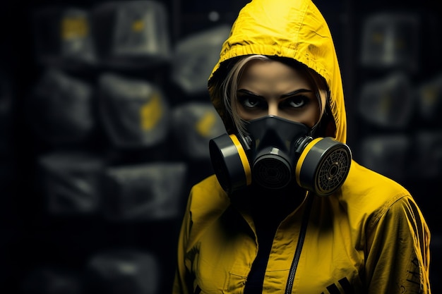 Photo une femme portant une veste jaune et un masque à gaz