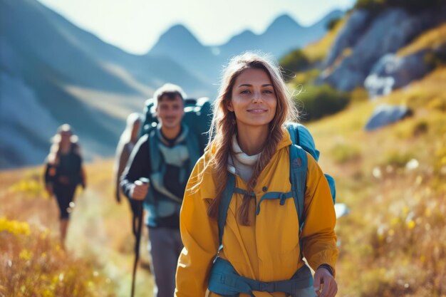 Une femme portant une veste jaune et un sac à dos bleu marche derrière deux hommes