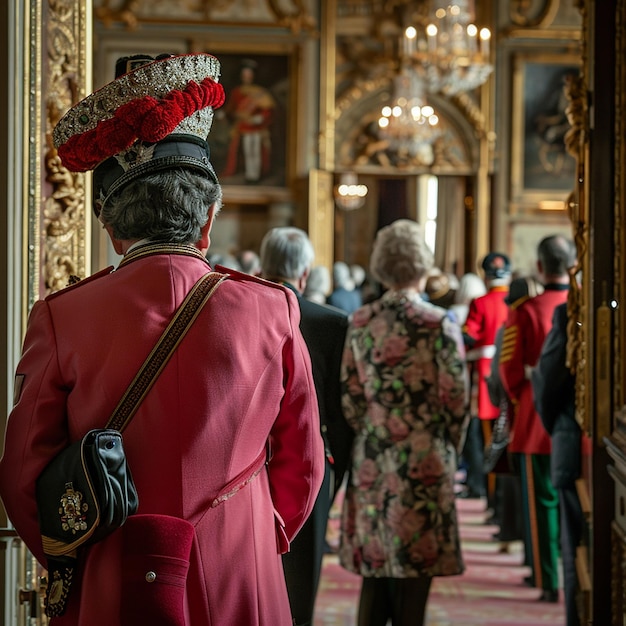 une femme portant une veste rouge avec une couronne dessus