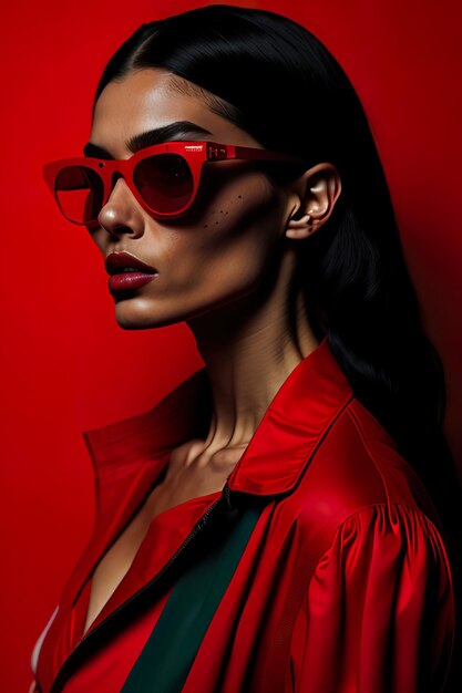 Une femme portant une veste rouge avec des lunettes de soleil sur fond rouge.