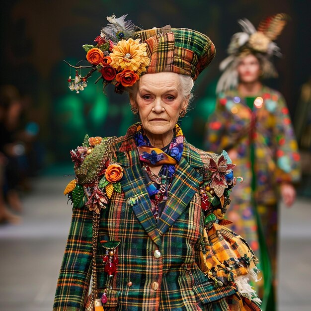 une femme portant une veste de tartan et un chapeau avec des fleurs dessus