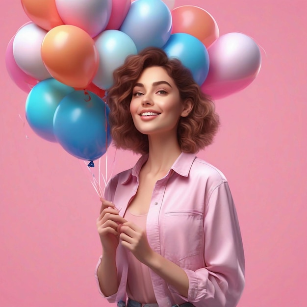 femme portant des vêtements civils et tenant des ballons sur un fond rose