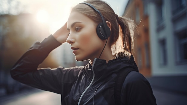 Photo une femme portant des vêtements de sport et des écouteurs se trouve à l'extérieur de l'ia générative