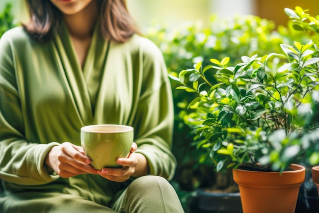 Femme portant des vêtements verts tenant une tasse verte avec une boisson saine dans un café en plein air durable