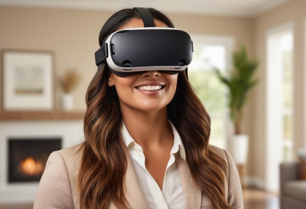 Une femme porte un casque de réalité virtuelle entièrement immergée dans une expérience numérique