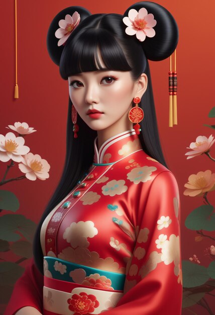 Une femme porte un cheongsam rouge pour le Nouvel An chinois