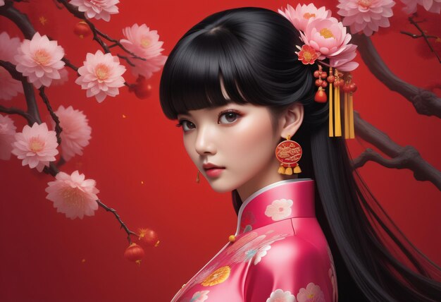 Une femme porte un cheongsam rouge pour le Nouvel An chinois