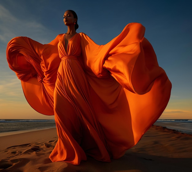 Une femme porte une énorme combinaison orange sur la plage dans le style de l'imagerie orientaliste