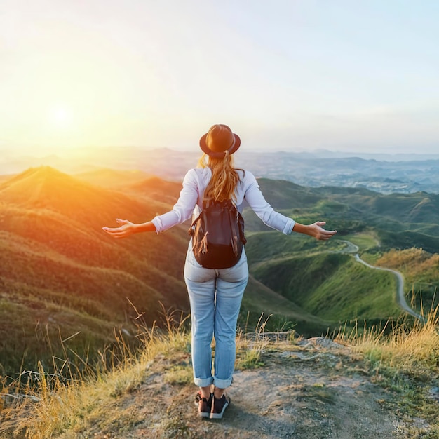 Une femme porte des jeans en tournée et voyage autour du monde seule.