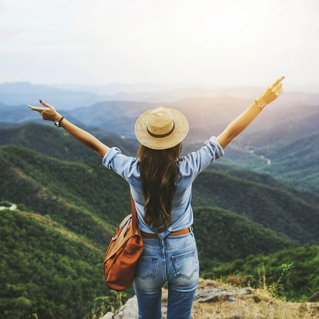 Une femme porte des jeans en tournée et voyage autour du monde seule.