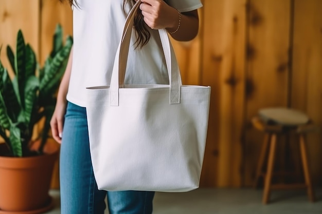 Une femme porte une maquette de sac fourre-tout en toile