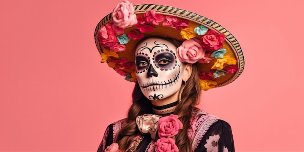femme porte un maquillage effrayant pour Halloween regarde de côté a un crâne de sucre