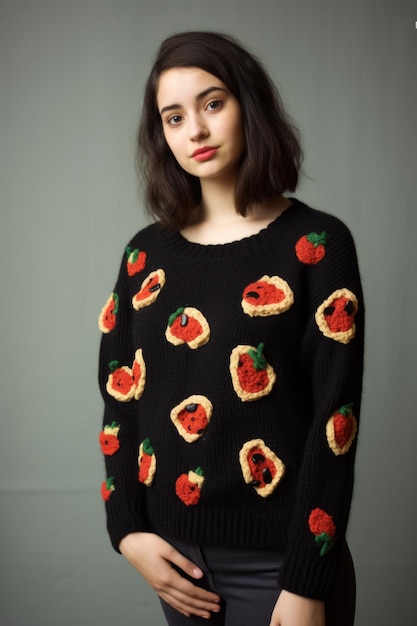 Une femme porte un pull avec des fraises dessus ai