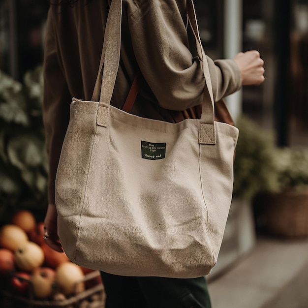 Une femme porte un sac avec une étiquette verte qui dit "biologique" dessus.