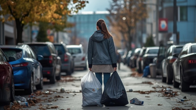 La femme porte un sac d'ordures