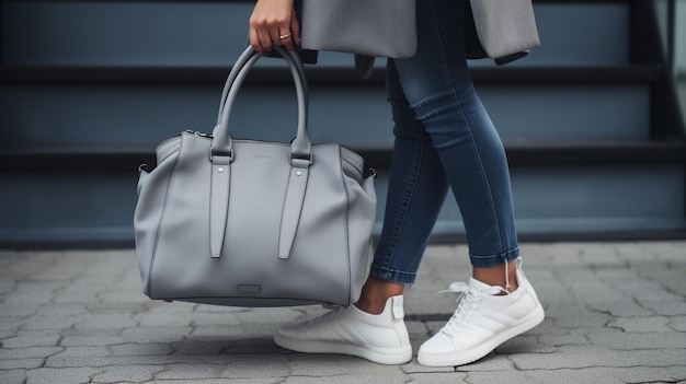 Une femme porte un sac et un sac.