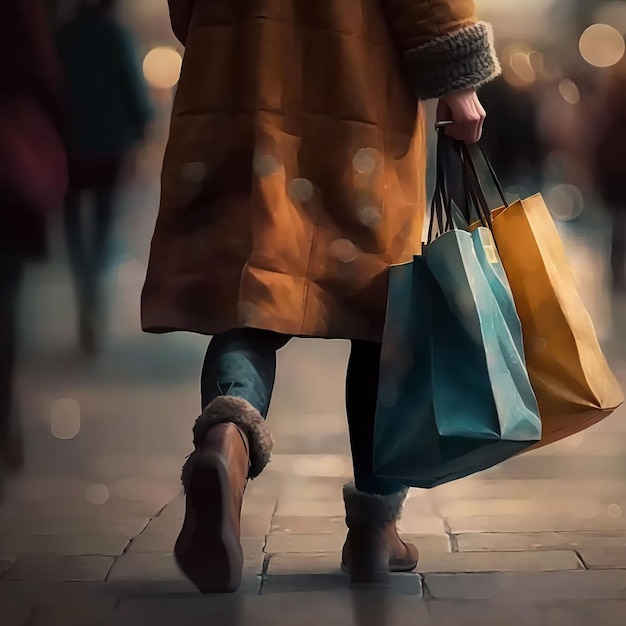 Une femme porte des sacs à provisions dans un centre commercial.