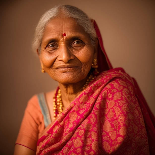 Une femme porte un sari et a un sari rouge et orange.