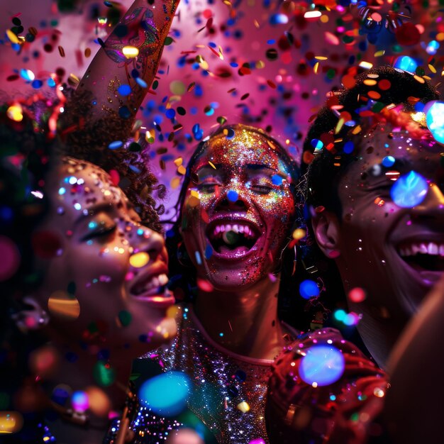 Photo une femme porte une tenue colorée et sourit et a des confettis sur la tête