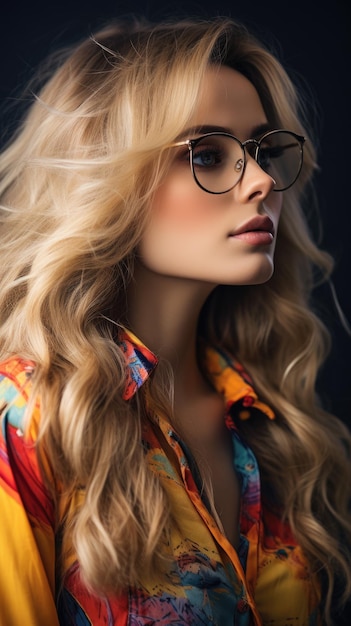 femme, porter lunettes, long, cheveux raides