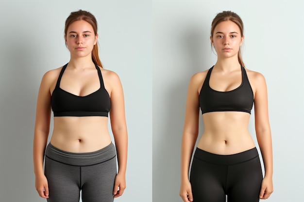 Photo femme posant avant et après la perte de poids diète et nutrition saine résultats de remise en forme résultats de liposuccion chirurgie plastique transformation de la graisse en athlète entraînement surpoids et mince