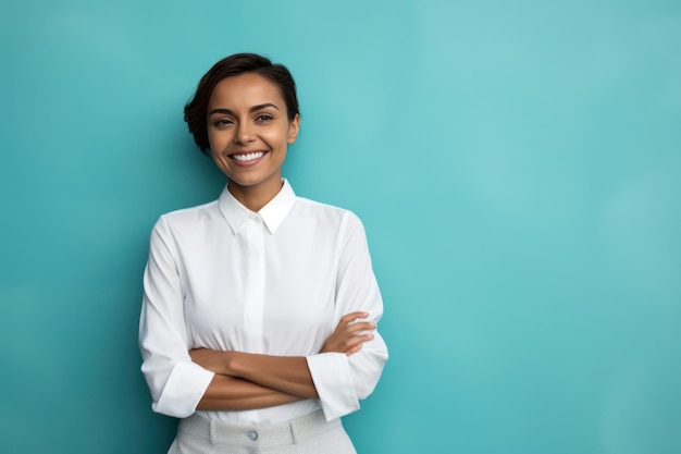 Femme posant avec les bras croisés sur fond bleu