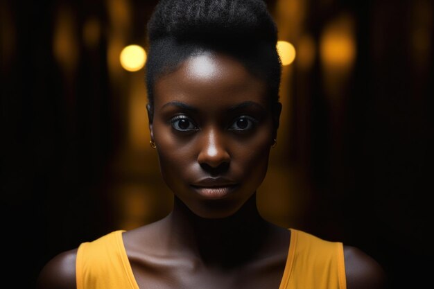 Une femme posant dans un haut jaune.