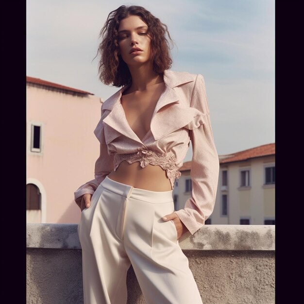 une femme pose devant un immeuble avec un bâtiment rose en arrière-plan