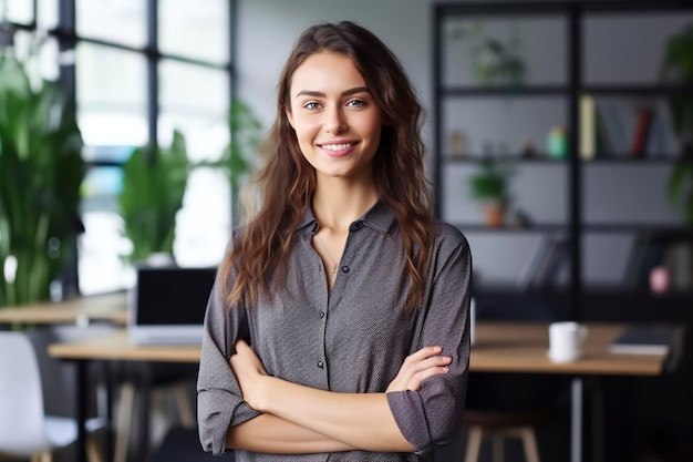 Une femme pose devant son bureau un entrepreneur heureux Ai généré