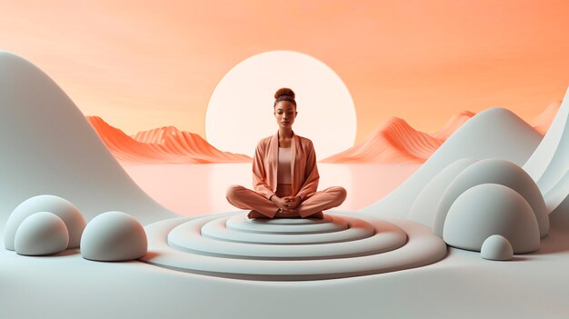 Femme avec une pose de lotus assise sur un sol en pierre dans les montagnes Generative AI