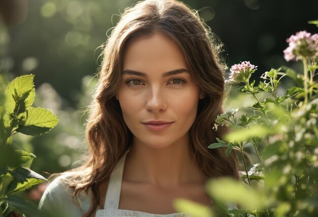 Femme en pose réfléchie entourée de plantes un environnement naturel serein avec une lumière douce