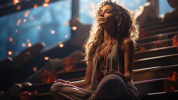 Femme en pose de yoga au sommet de l'espace d'astrologie d'escalier