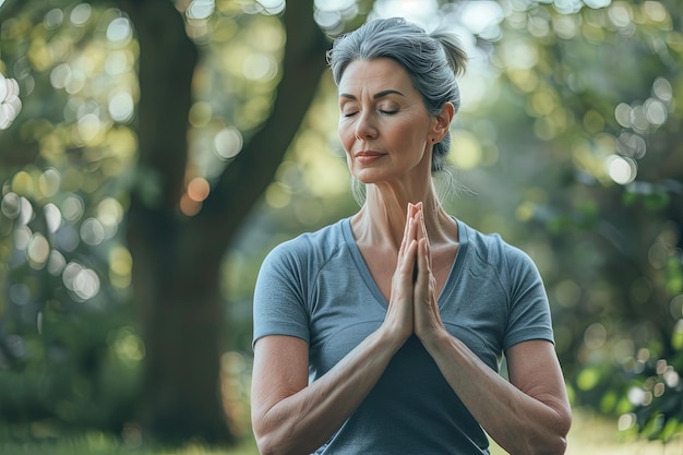 Une femme en pose de yoga dans un parc